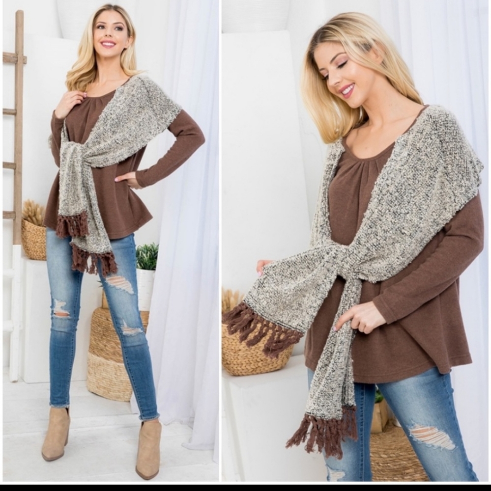 Ryu A'reve Long Sleeve Sweater Top with Attached Scarf